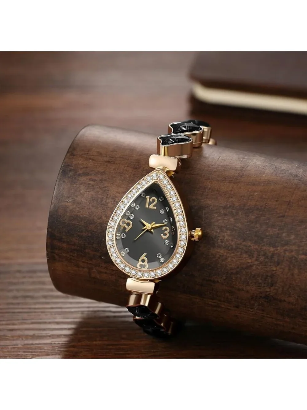 Women's Black Crystal Teardrop Rhinestone Dial Ultra-Thin Metal Wrist Watch